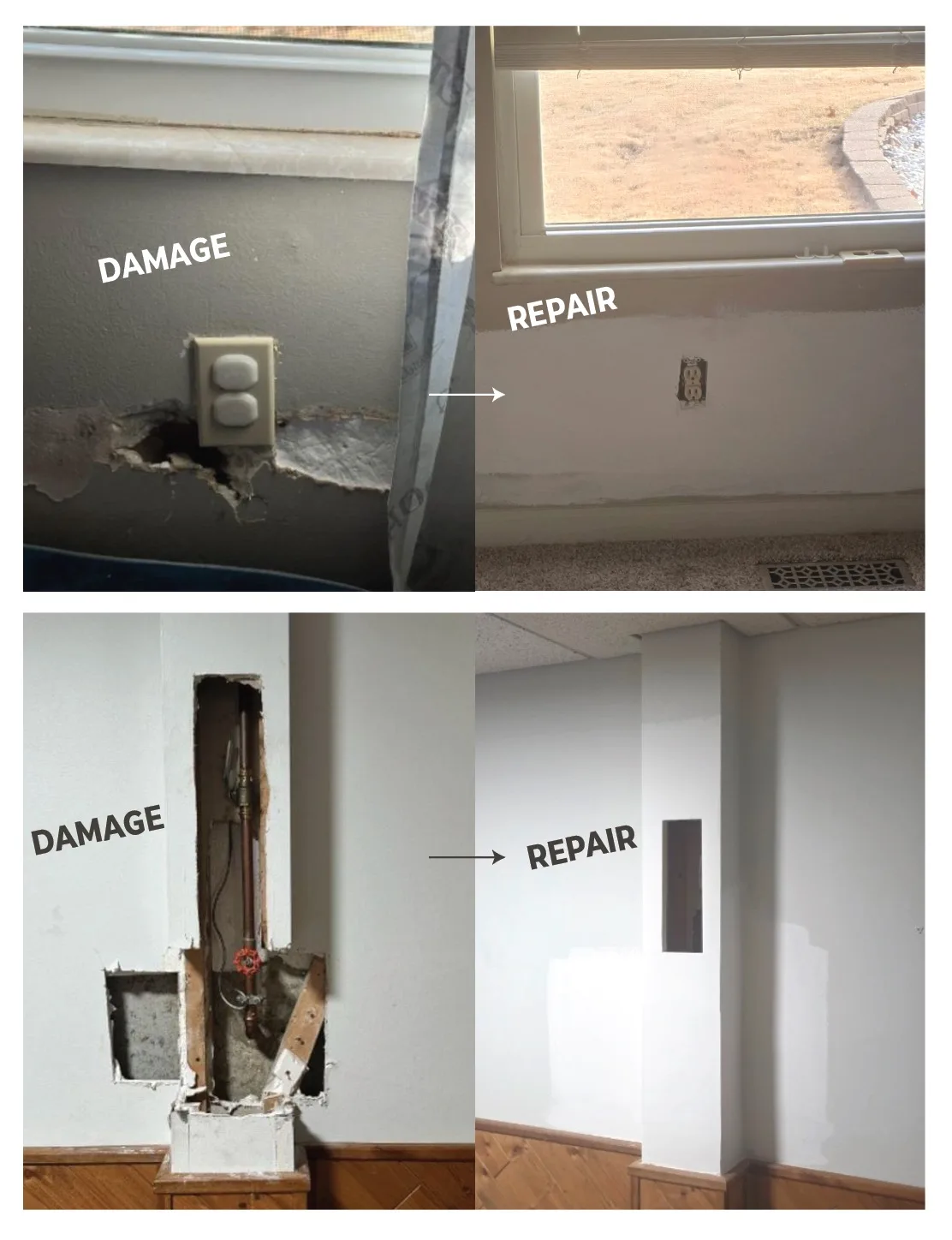Drywall damage before and after repair