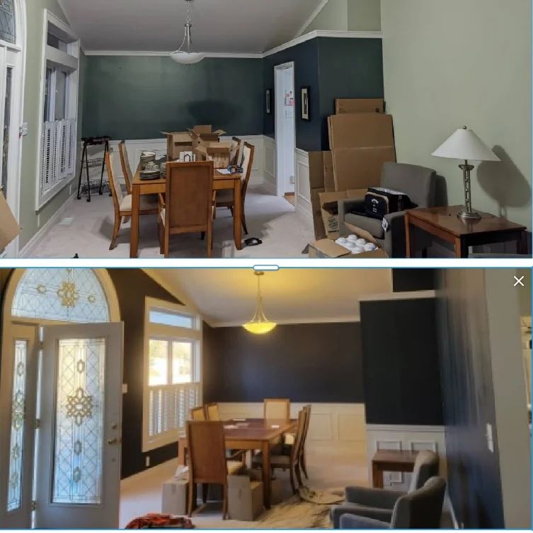 Wide angle of refreshed front room with new wall color