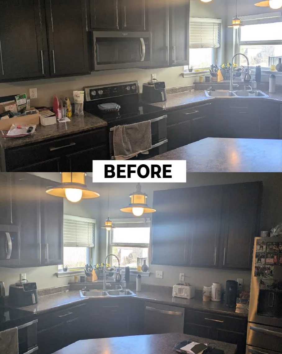 Before: dark stained cabinets