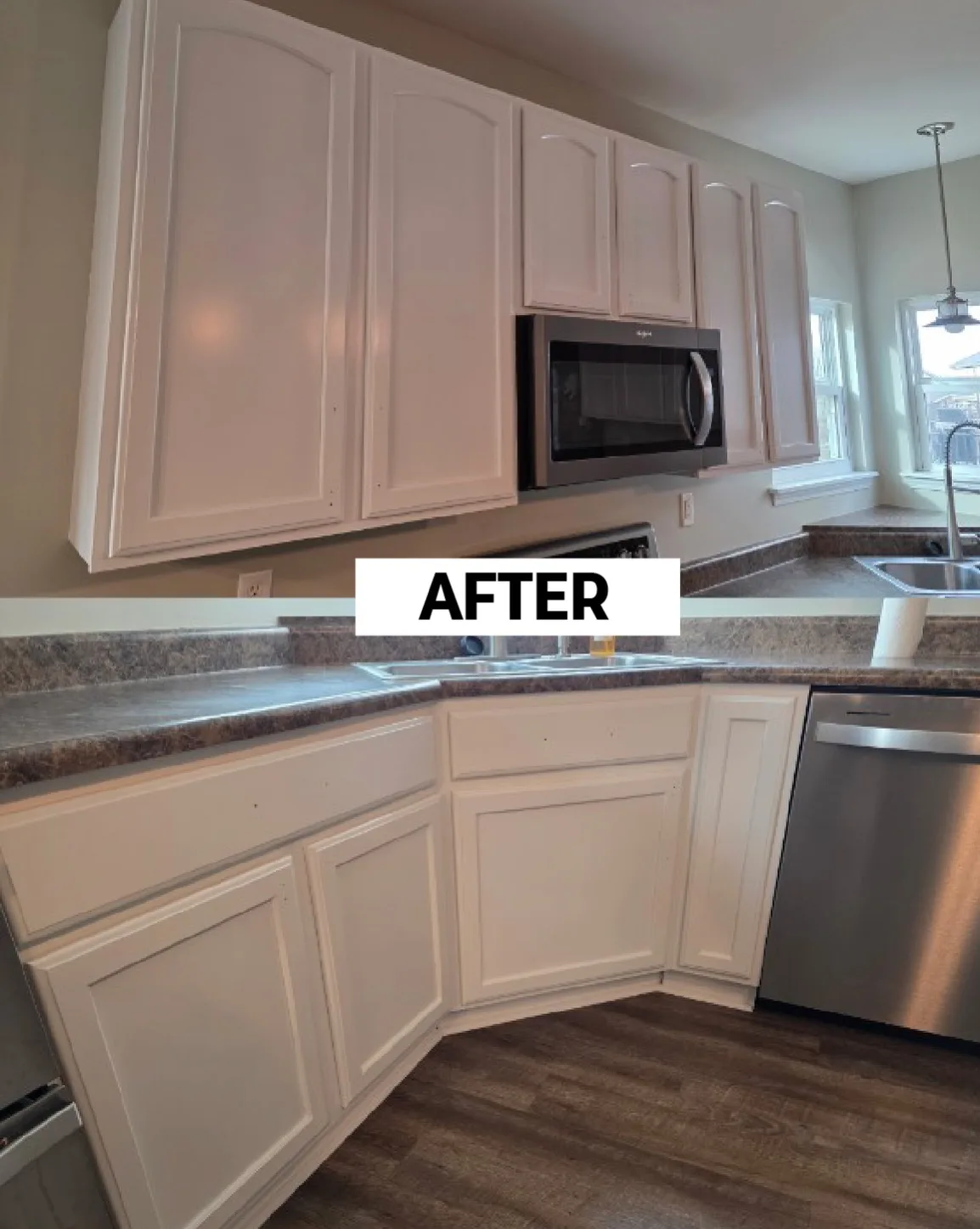 After: upper and lower cabinets in white with new hardware