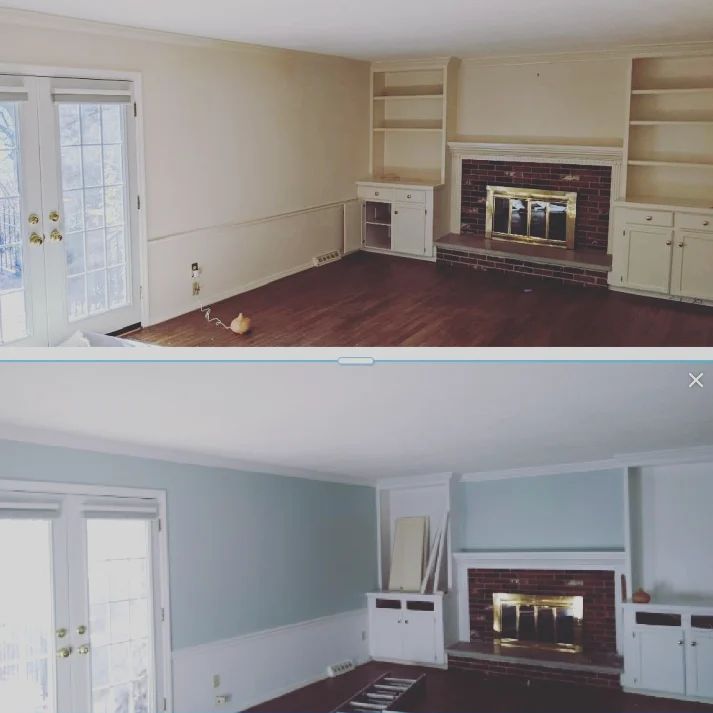 Wide angle of soft blue wall color in repainted interior