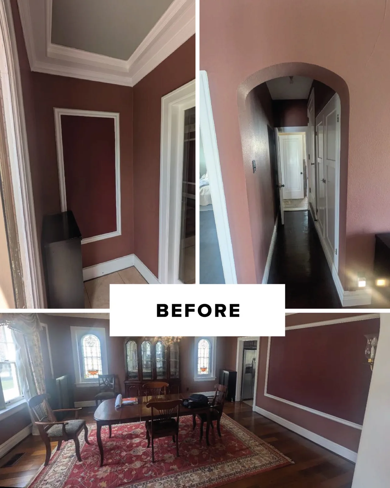 Before: burgundy dining room with mauve wainscoting