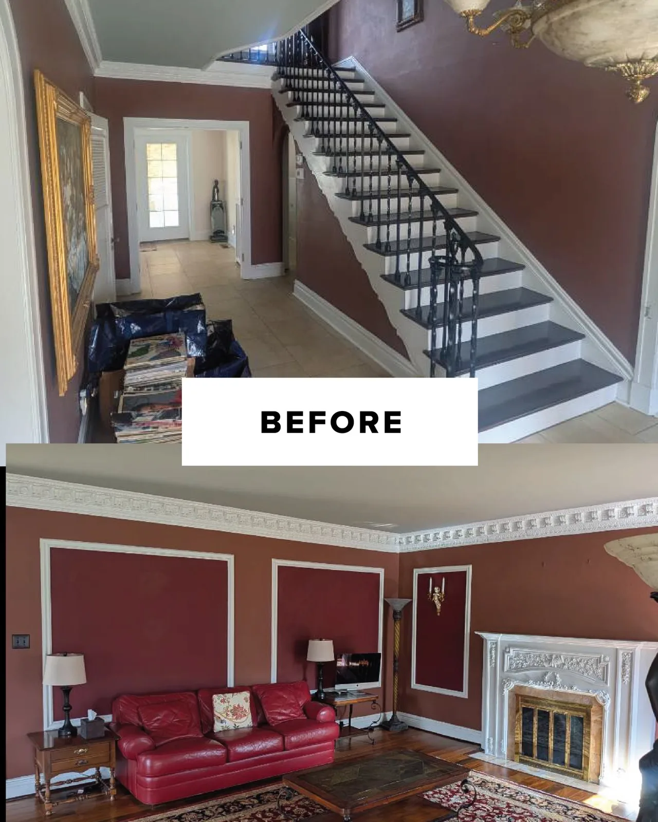 Before: burgundy living room and staircase
