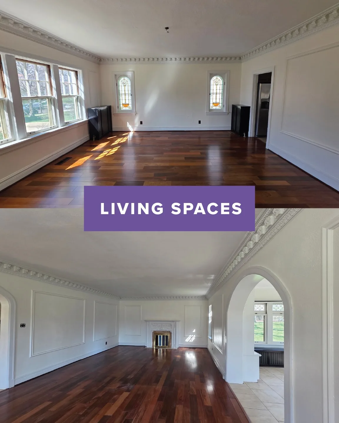 After: open living spaces in off-white with refinished floors