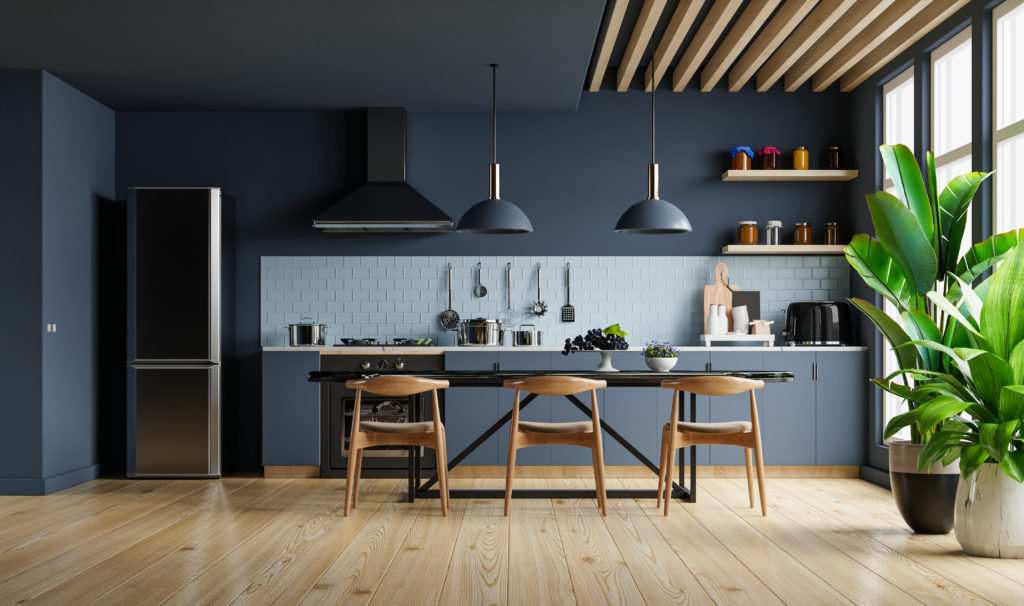 modern style kitchen interior design with dark blue wall 3d rendering