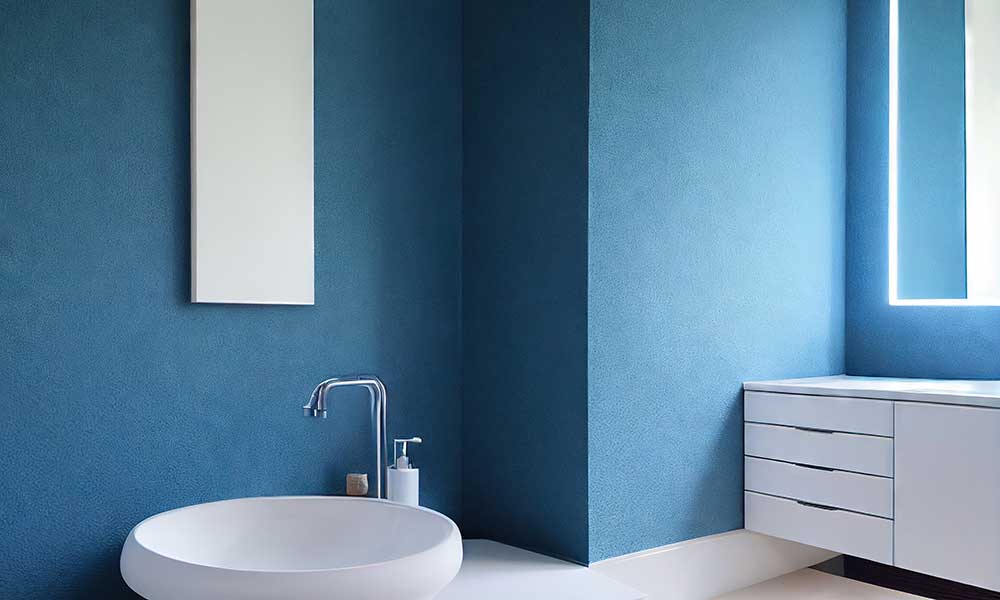bathroom interior bright blue tones with washbasin mirror lighting