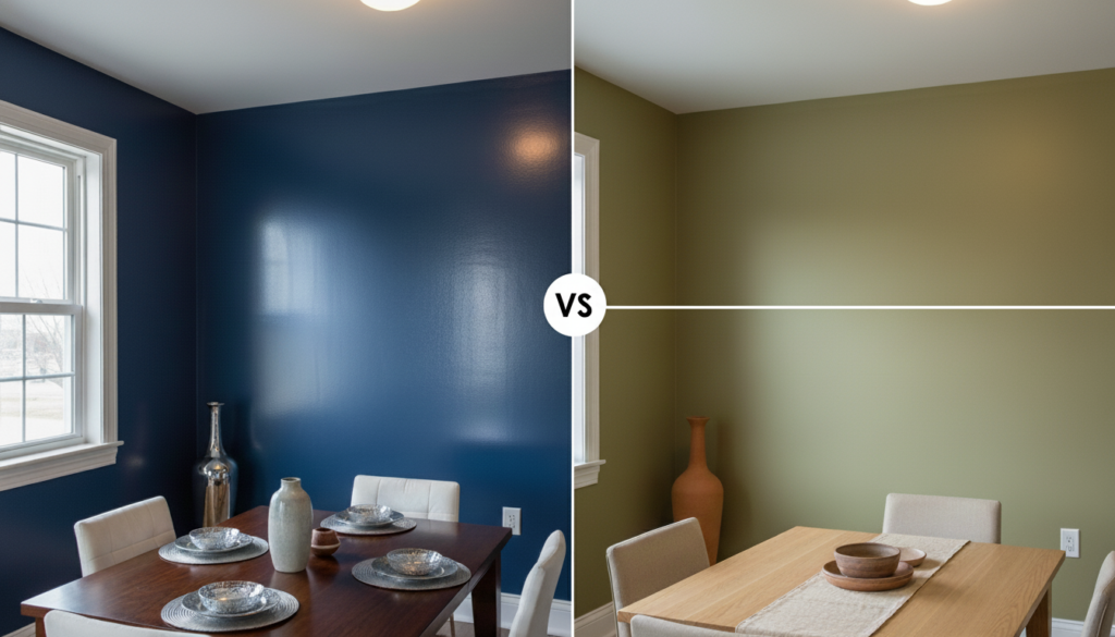 two rooms, one painted in satin paint, the other matte
