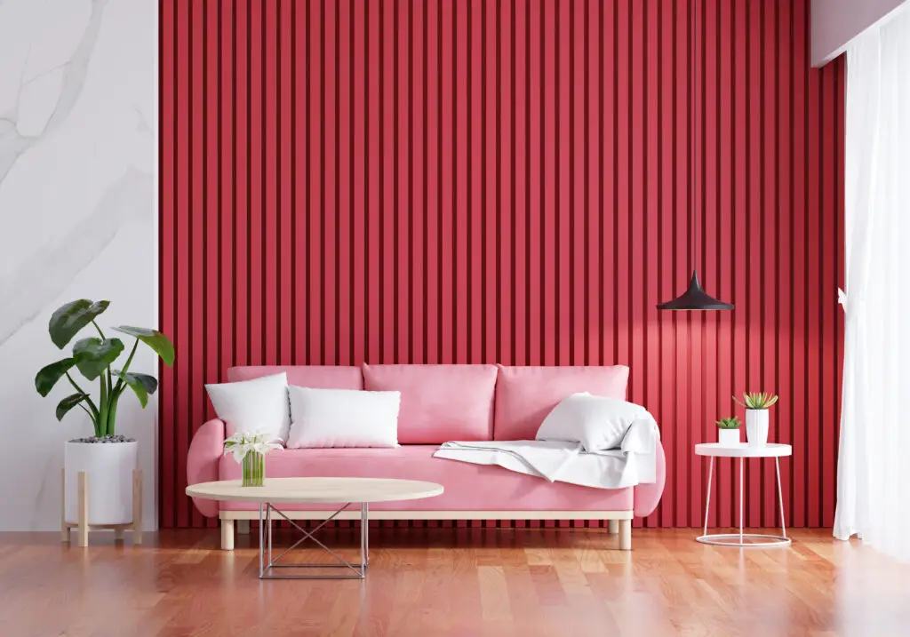 Pink sofa in red living room with copy space for mock up,3D rend