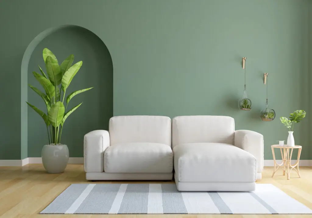 Sofa in green living room with copy space, 3D rendering