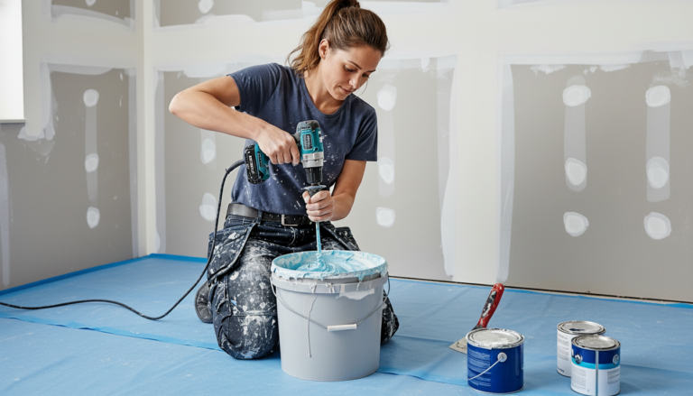 person mixing paint into drywall mud